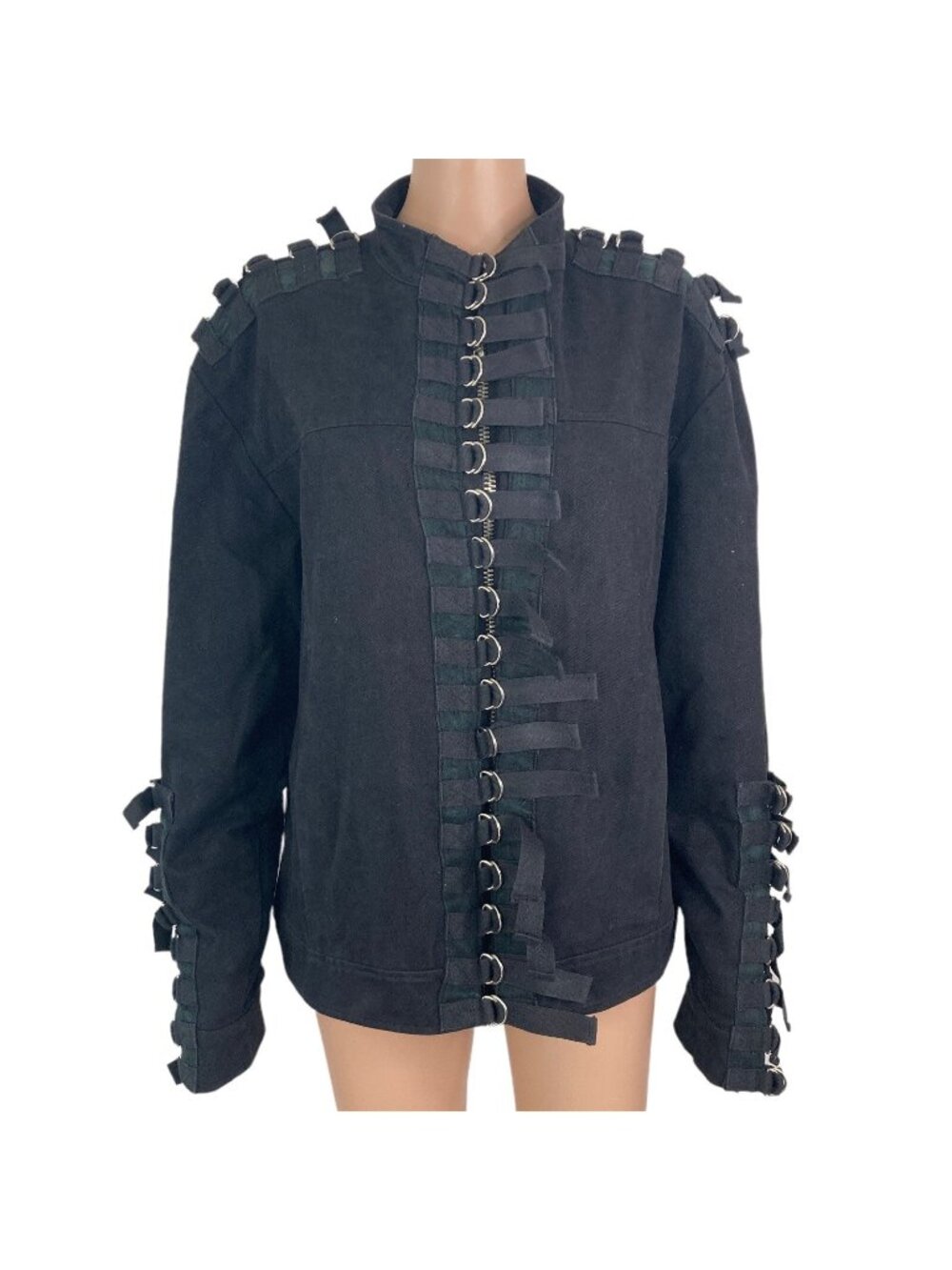 Shrine Denim Jacket Mens Large Black Goth D Ring Buckles Steampunk Full Zip